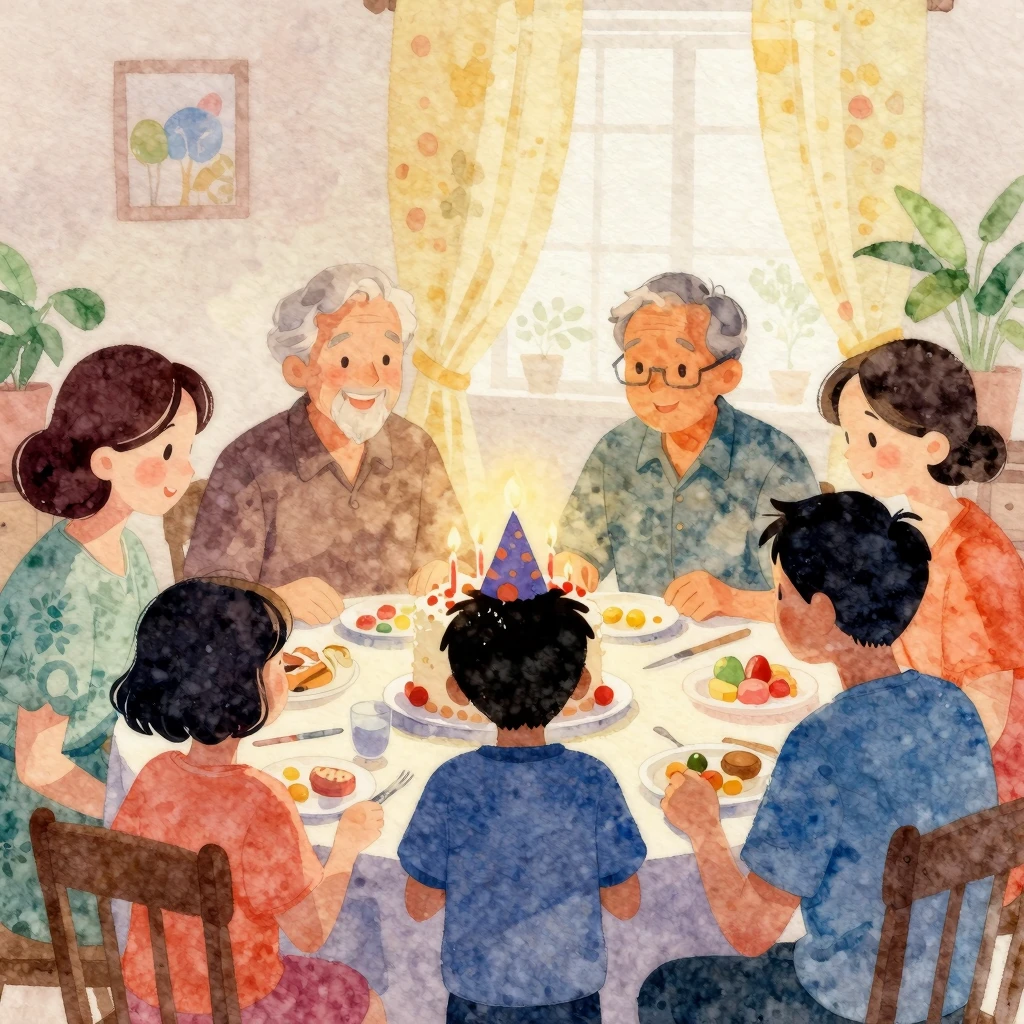 Vibrant watercolor style. Grandparents celebrating grandson'...