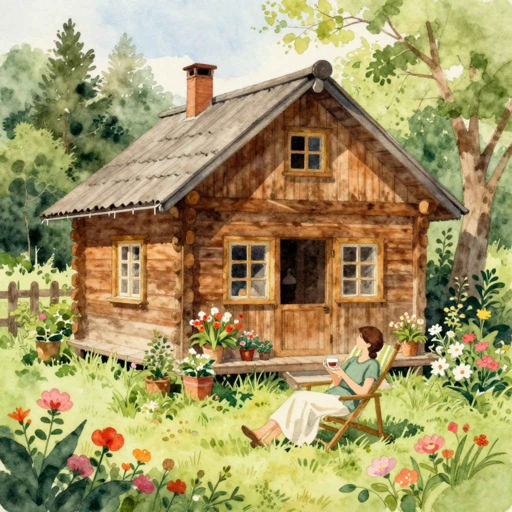 A vibrant watercolor painting depicting a serene dacha scene...