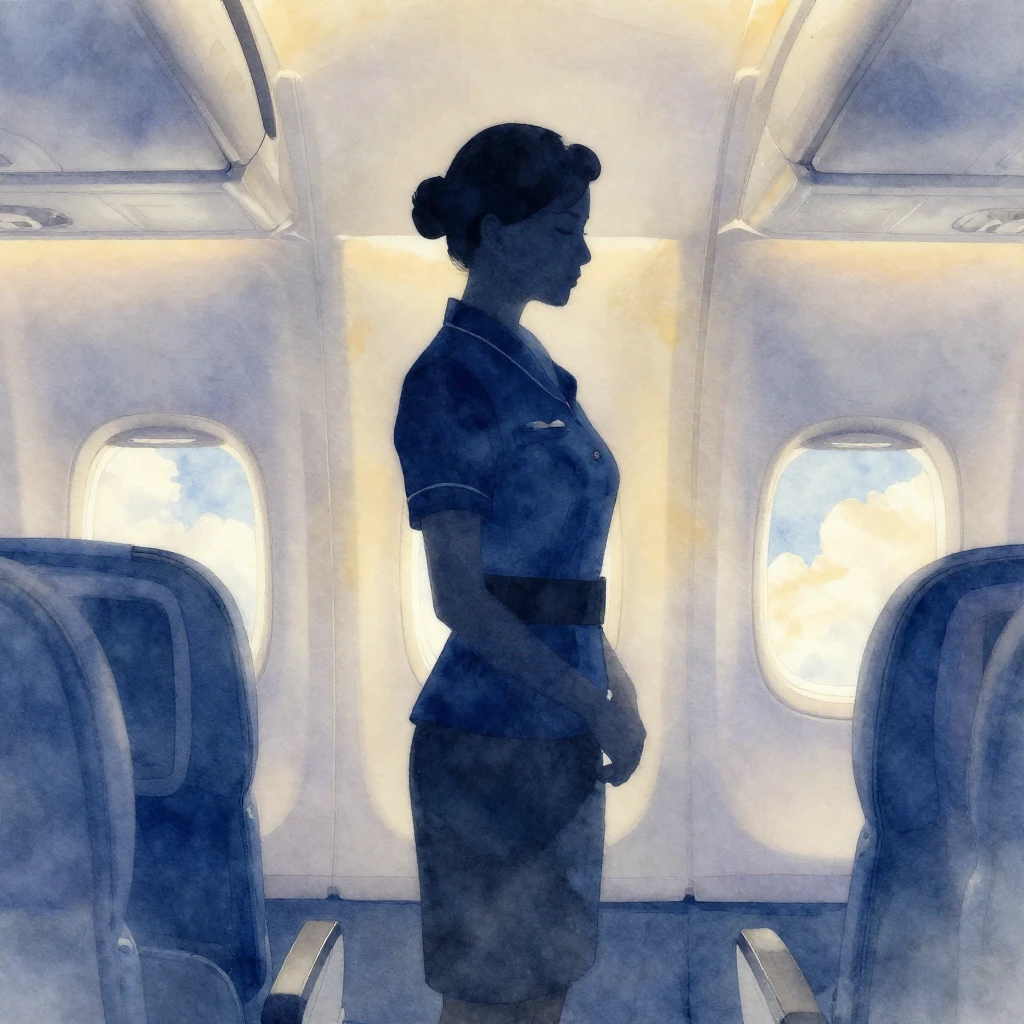 A graceful flight attendant in a minimalist silhouette, stan...