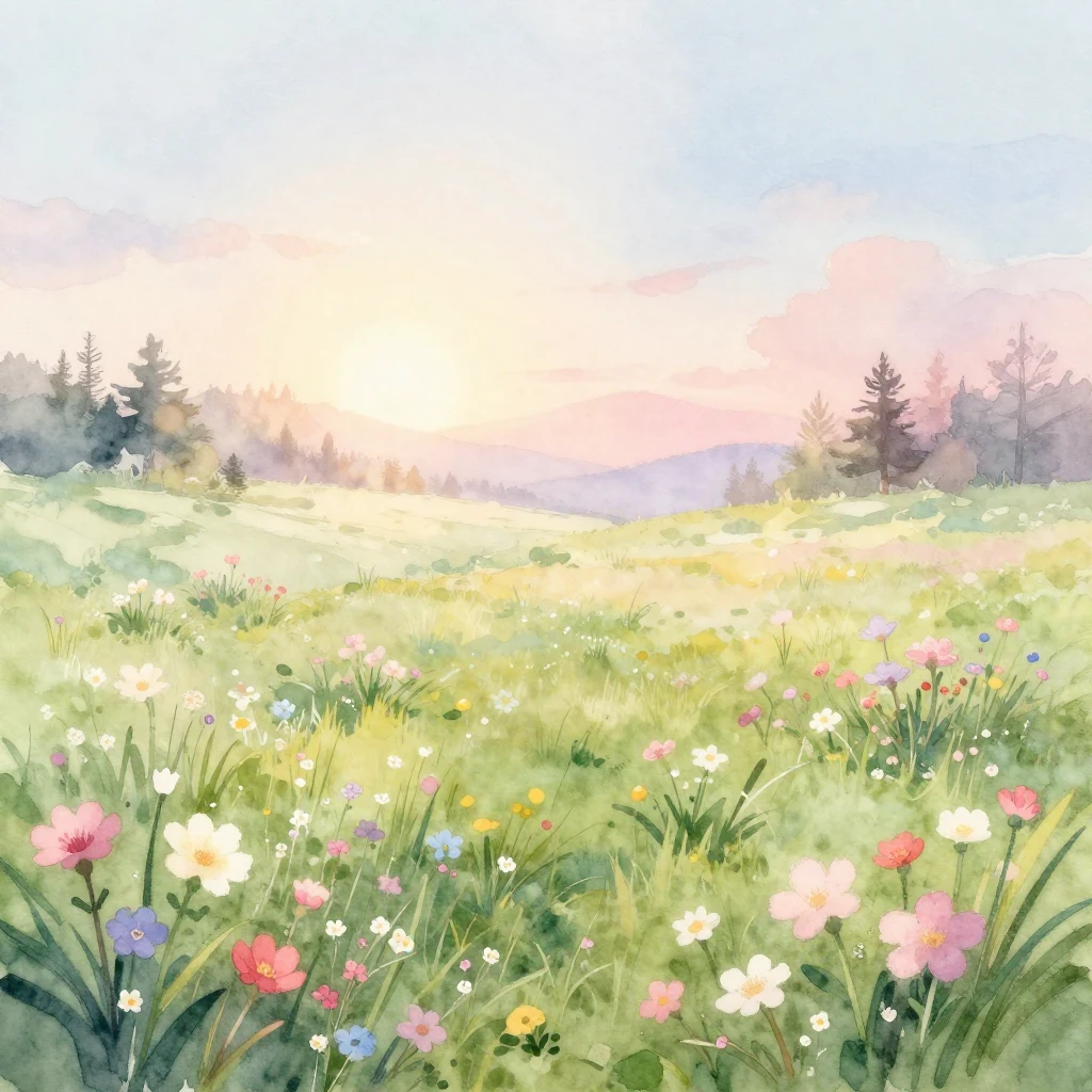 A serene watercolor painting of a spring meadow at sunrise, ...