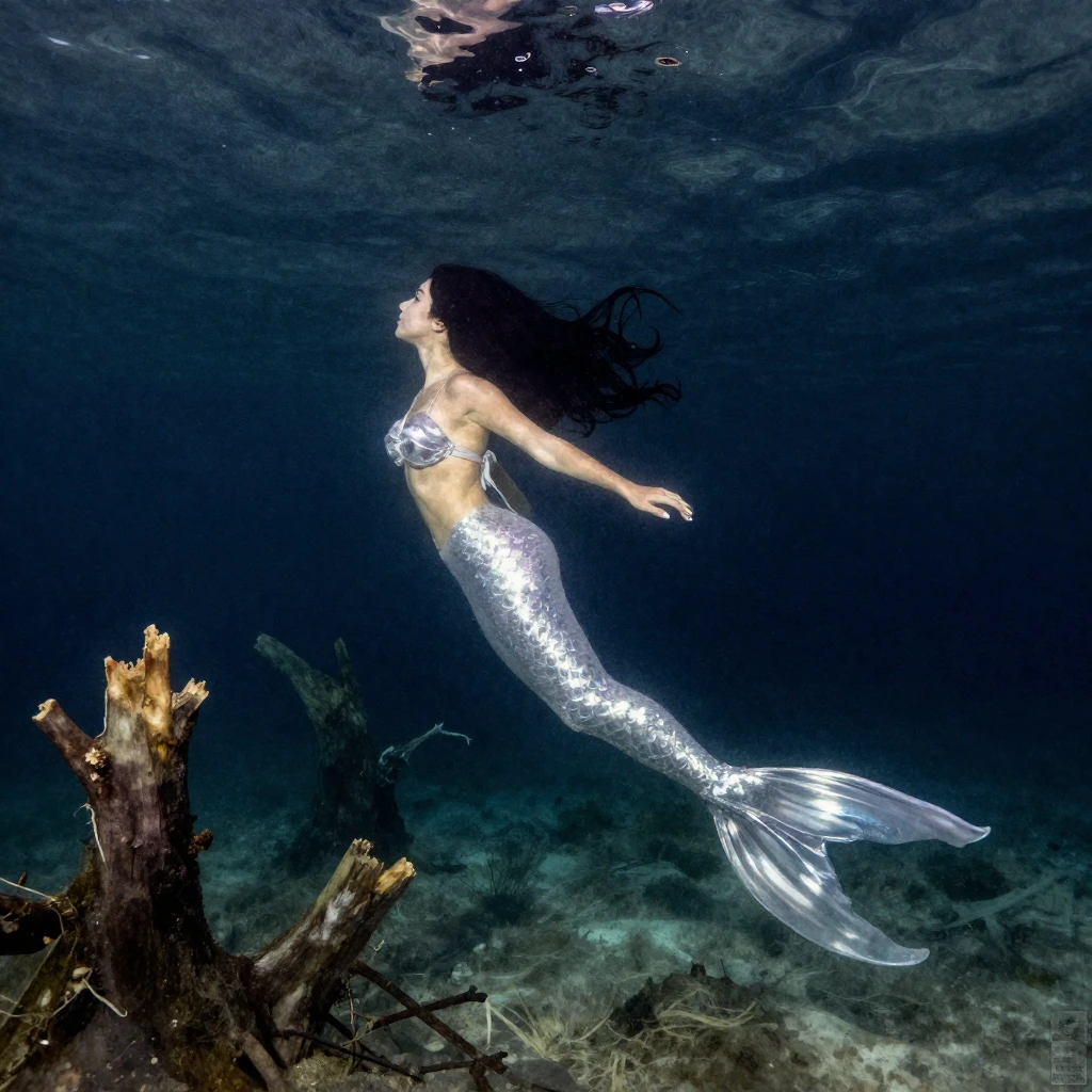 A graceful mermaid silhouette with long, flowing hair, swimm...