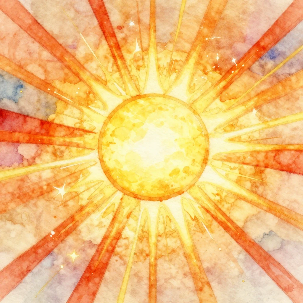 A vibrant, abstract watercolor illustration of a radiant sun...