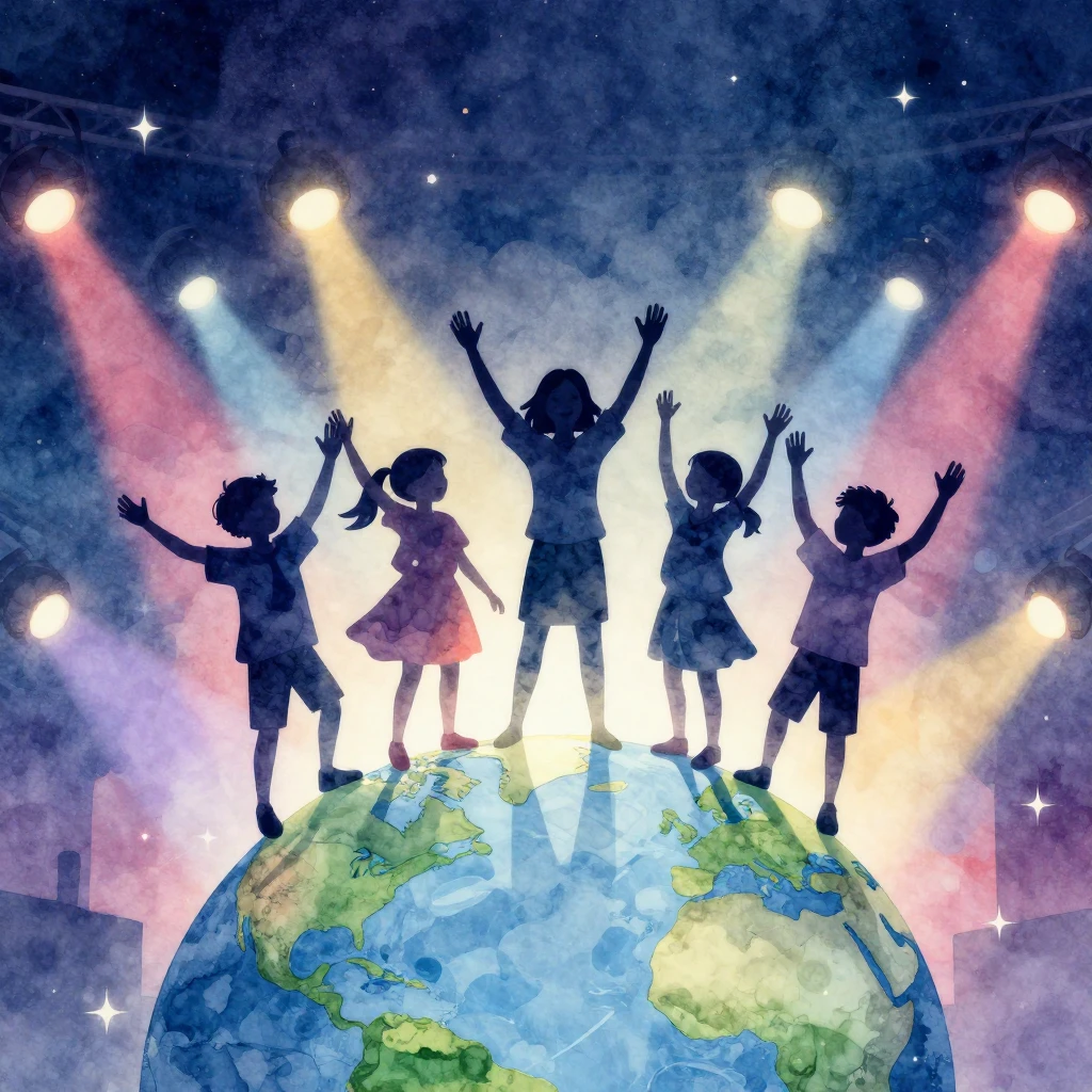 Watercolor and vector art style silhouettes of happy childre...