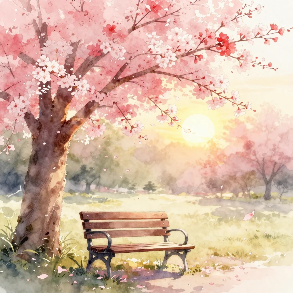A delicate watercolor painting of a solitary park bench nest...