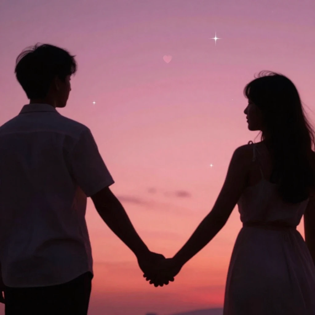 A romantic scene with two silhouetted figures holding hands ...