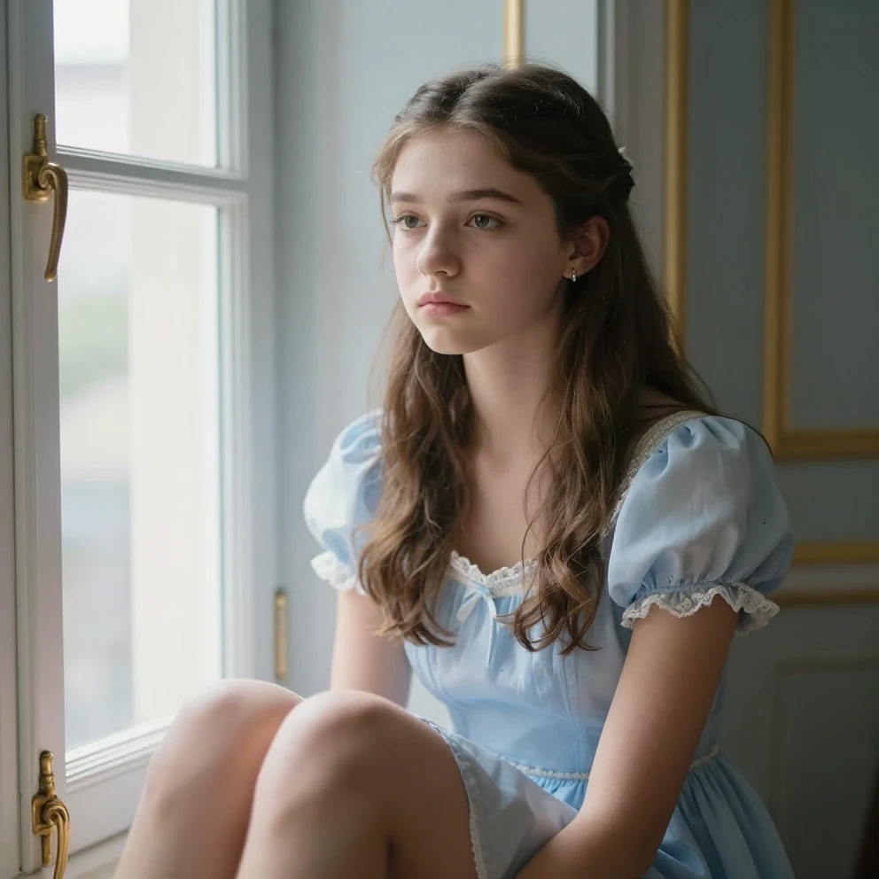 A close-up of a 17-year-old princess with a gentle but deter...