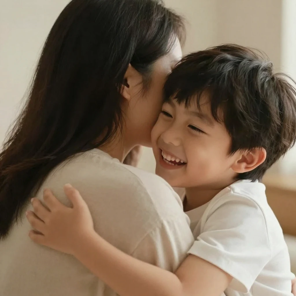 A tender moment between a parent and a son, perhaps a gentle...