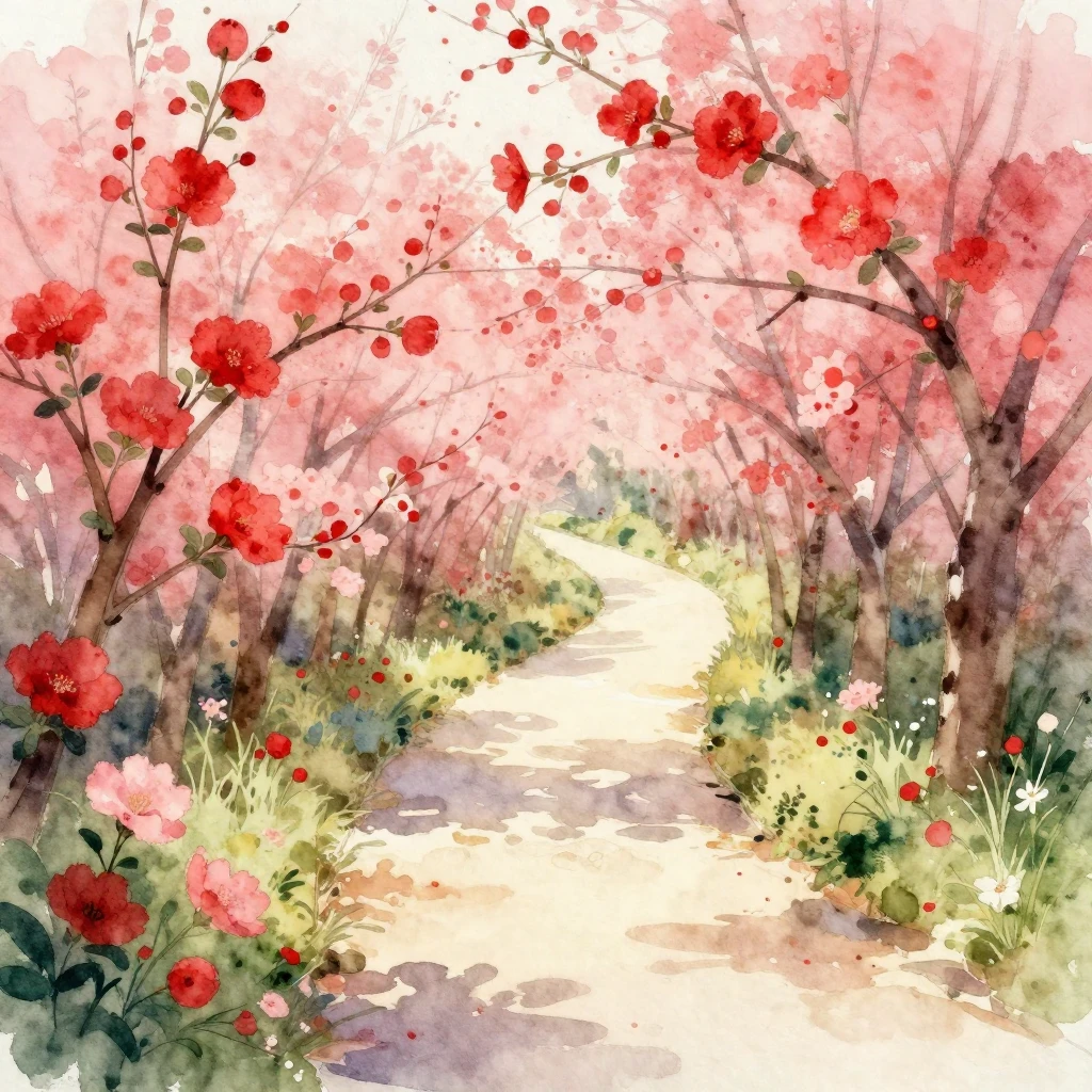 A watercolor illustration of a winding path lined with abund...