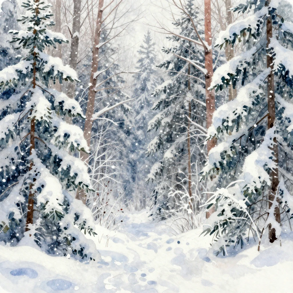 A vibrant watercolor painting of a dense winter forest, heav...