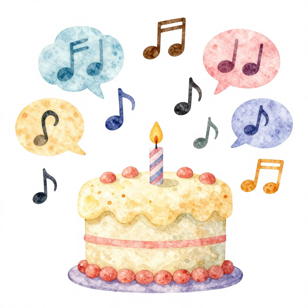 A playful watercolor illustration of musical notes and speec...