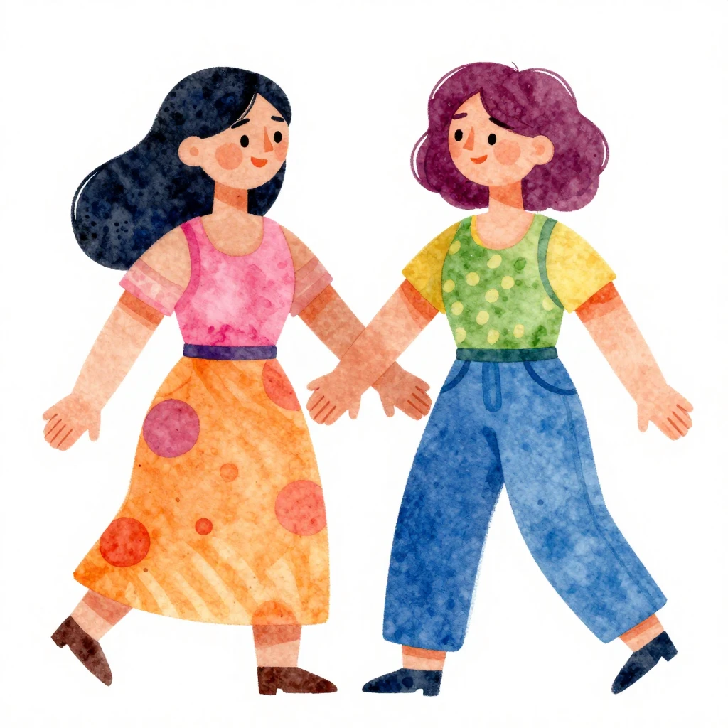 Vibrant watercolor illustration depicting two stylized femal...