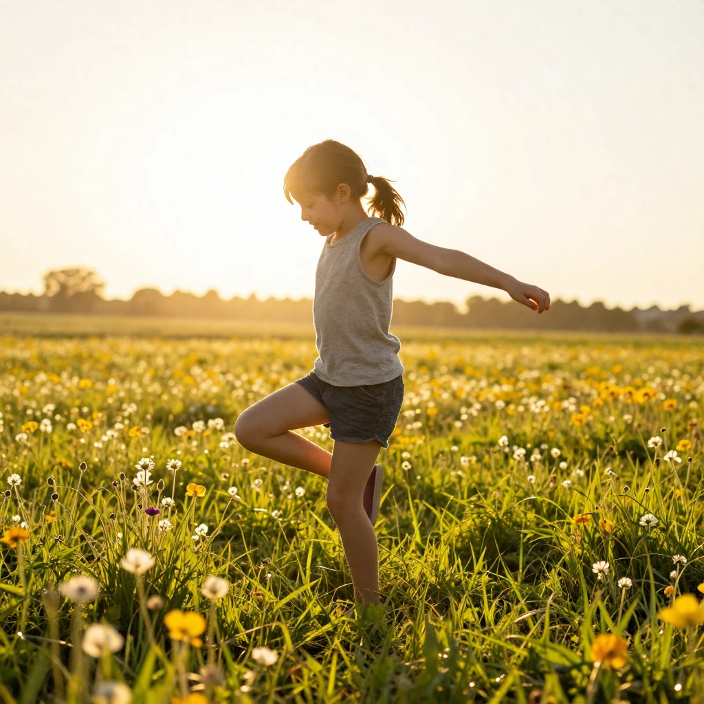 A bright silhouette of a child dancing freely in a sunny mea...