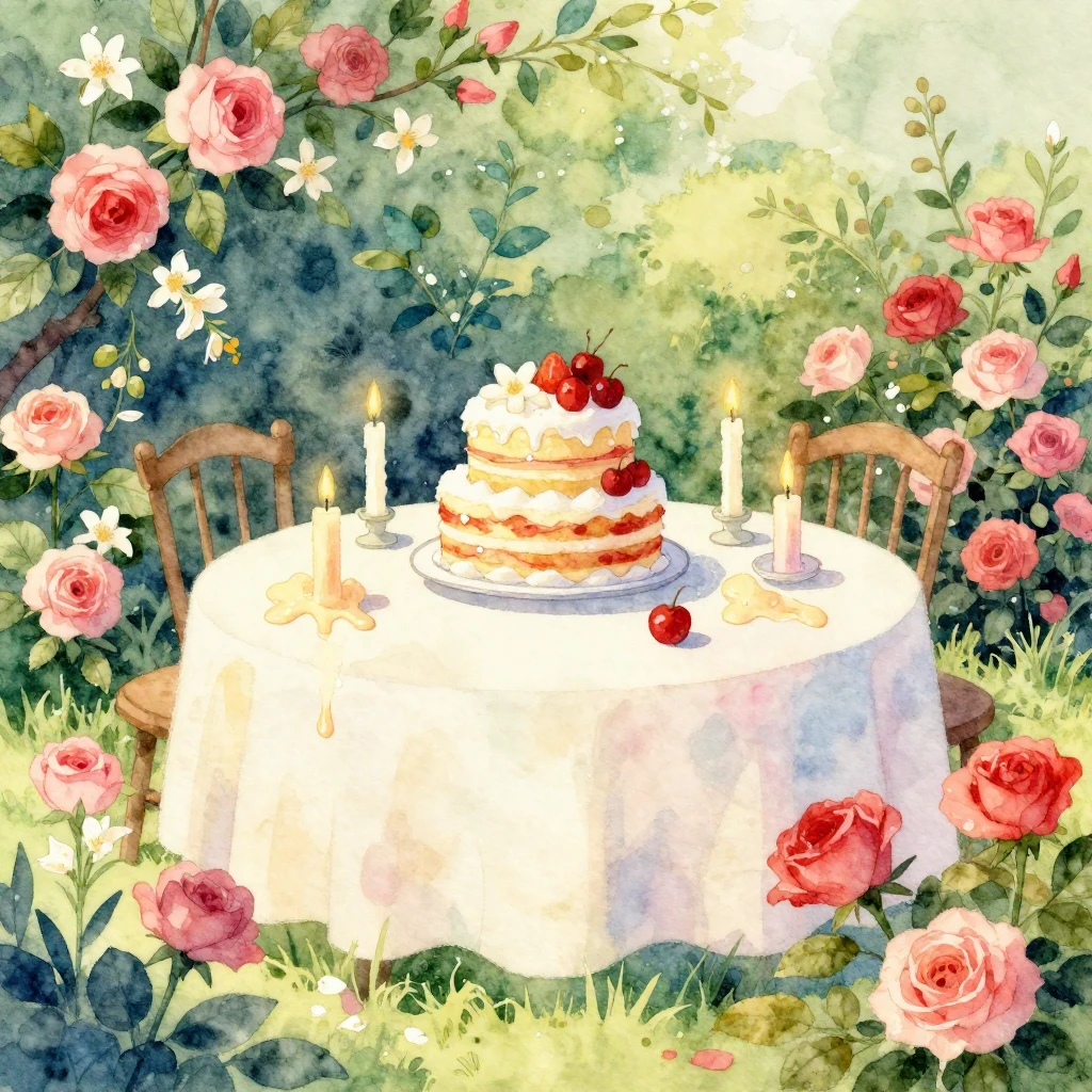 Vibrant watercolor illustration of a festive garden party sc...