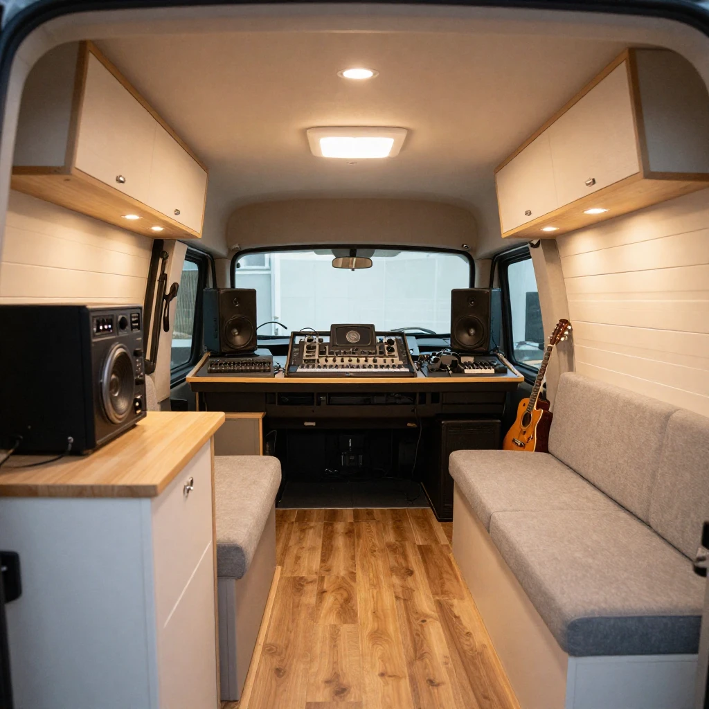 A cozy, modern music studio built inside a spacious minivan....