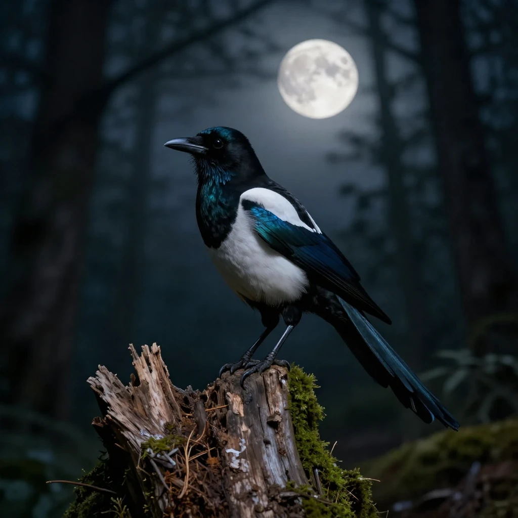 A lone magpie with iridescent feathers, perched on a moss-co...