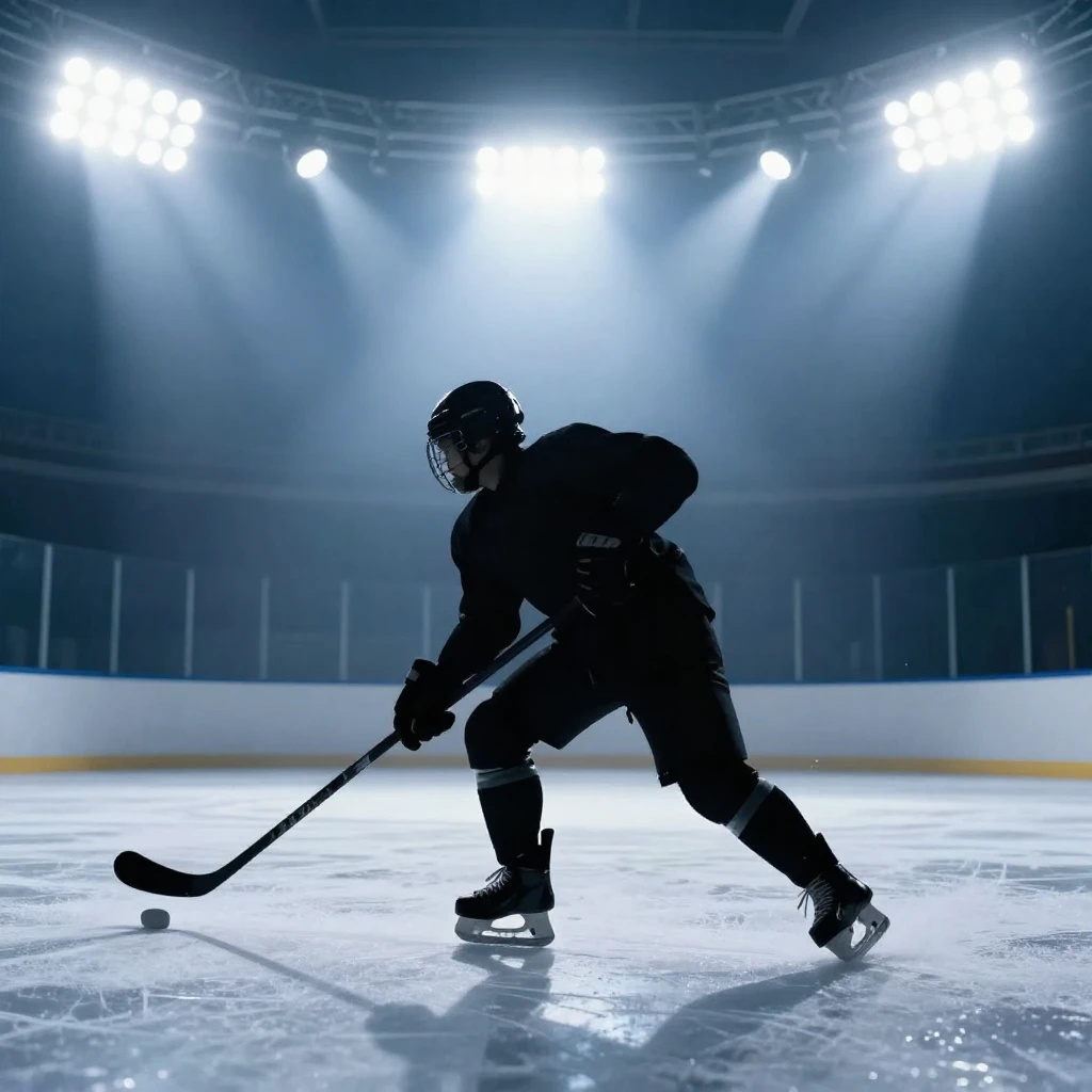 A silhouette of a hockey player in a dynamic action pose, mi...