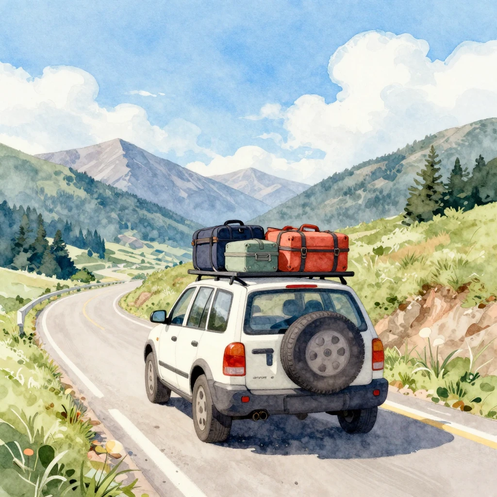 A watercolor painting of a car packed with luggage driving t...