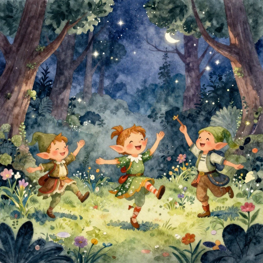A vibrant watercolor painting of joyful, dancing elves in a ...