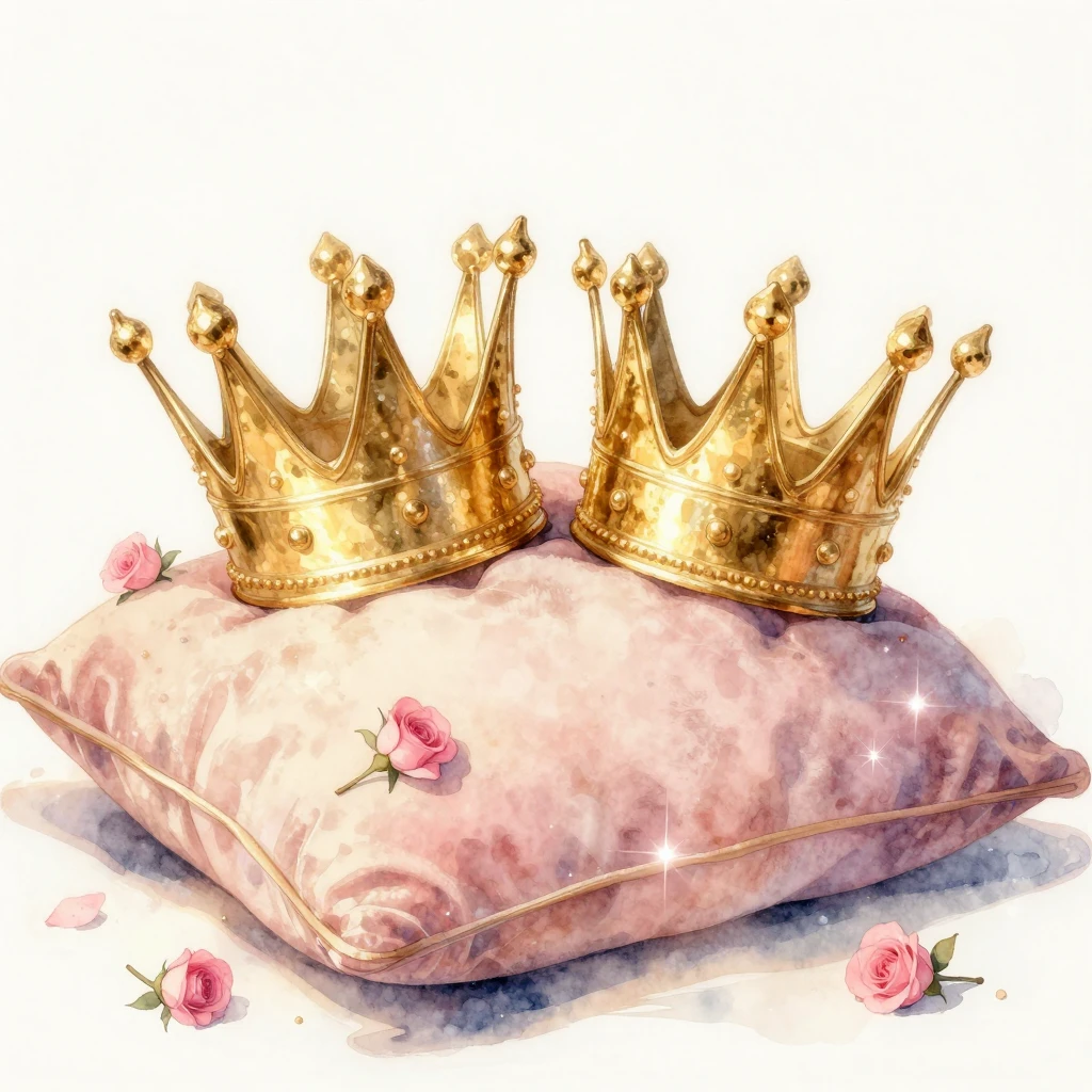 Watercolor style. Two stylized golden crowns resting on a so...