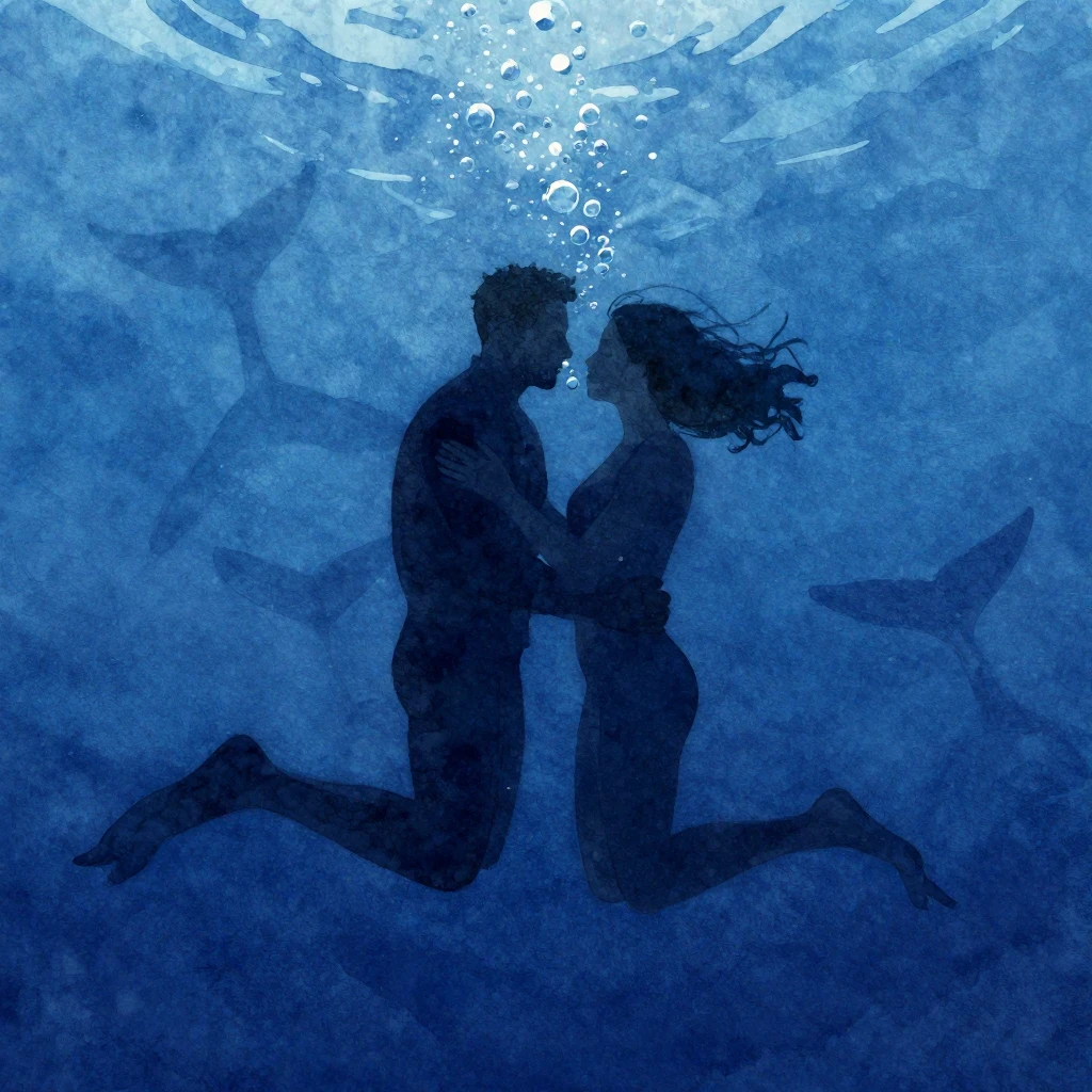 A vibrant watercolor style, underwater scene, deep blue and ...