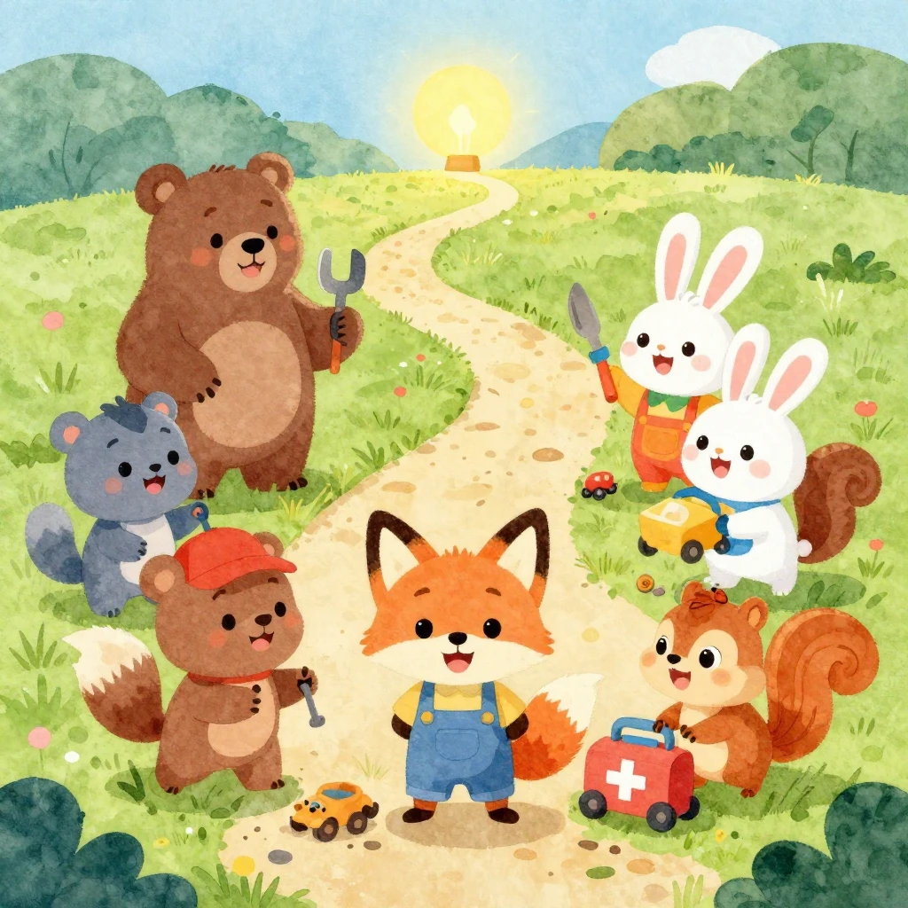 Vibrant watercolor style. A group of diverse, friendly carto...