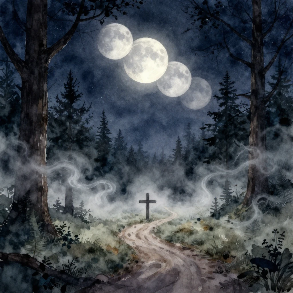 A prominent triple moon in a dark night sky, casting an ethe...