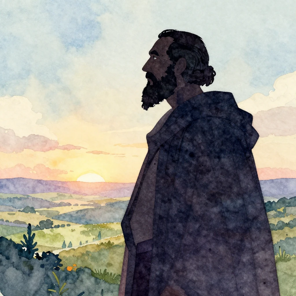 A silhouette of a wise, tall man, with a gentle and thoughtf...