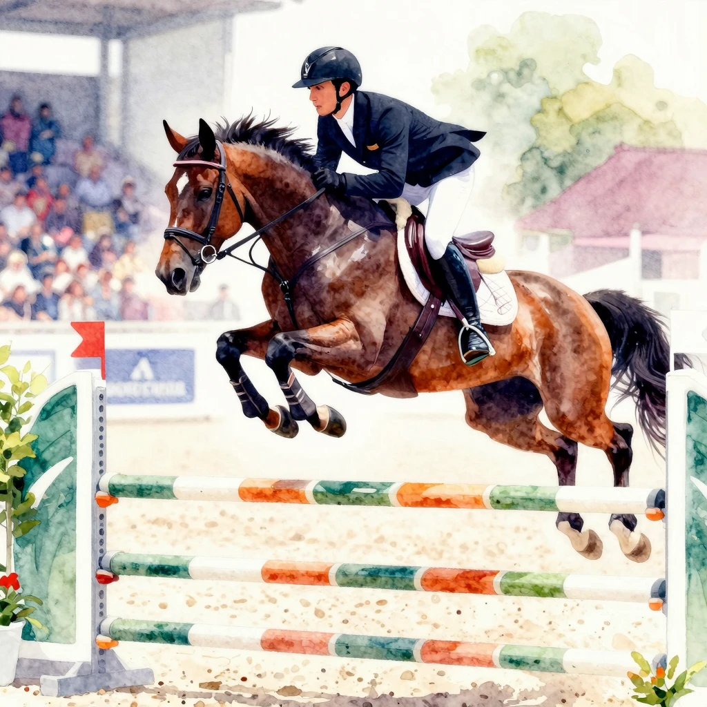 Vibrant watercolor art of an equestrian show jumping event, ...