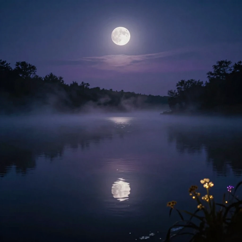 A dark, reflective body of water under a moonlit sky, surrou...