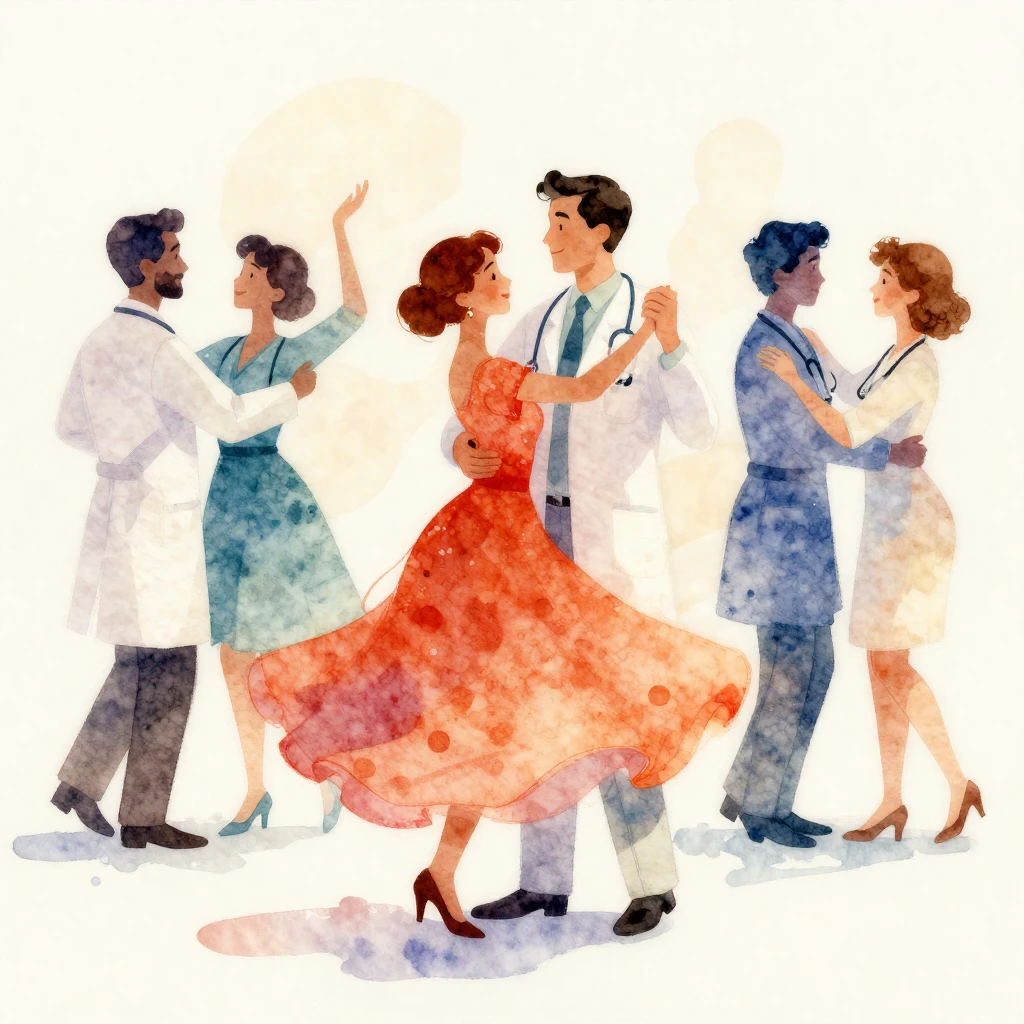Vibrant watercolor illustration, vintage style. A group of d...