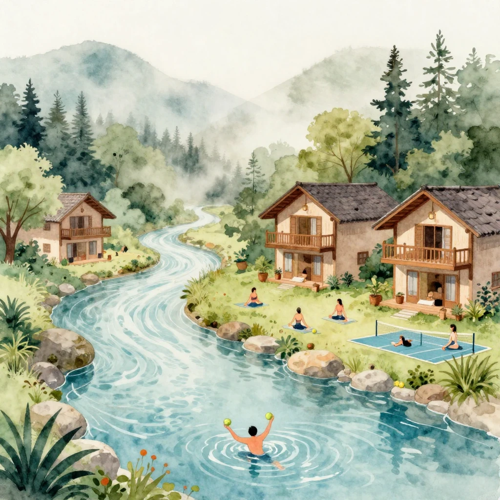 A vibrant watercolor painting of a serene health resort in a...
