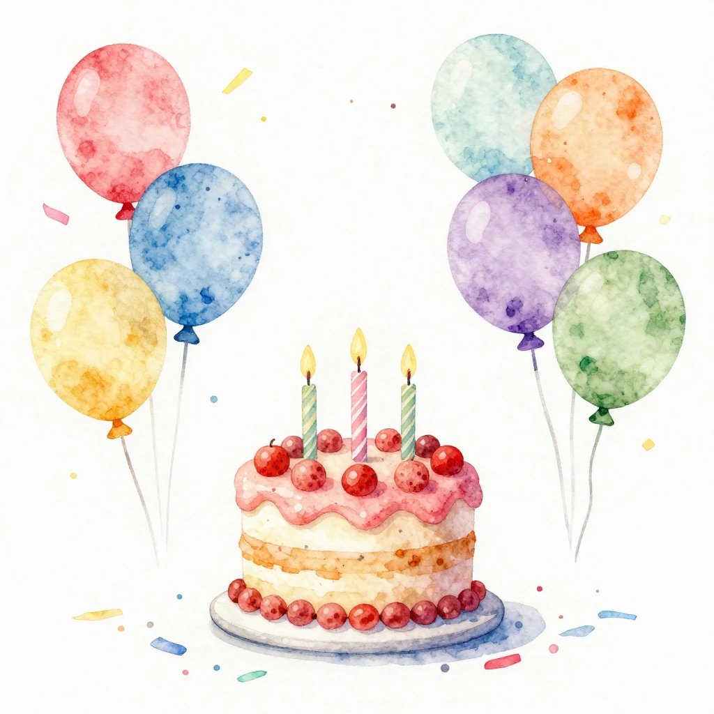 A watercolor painting of a festive birthday scene with color...