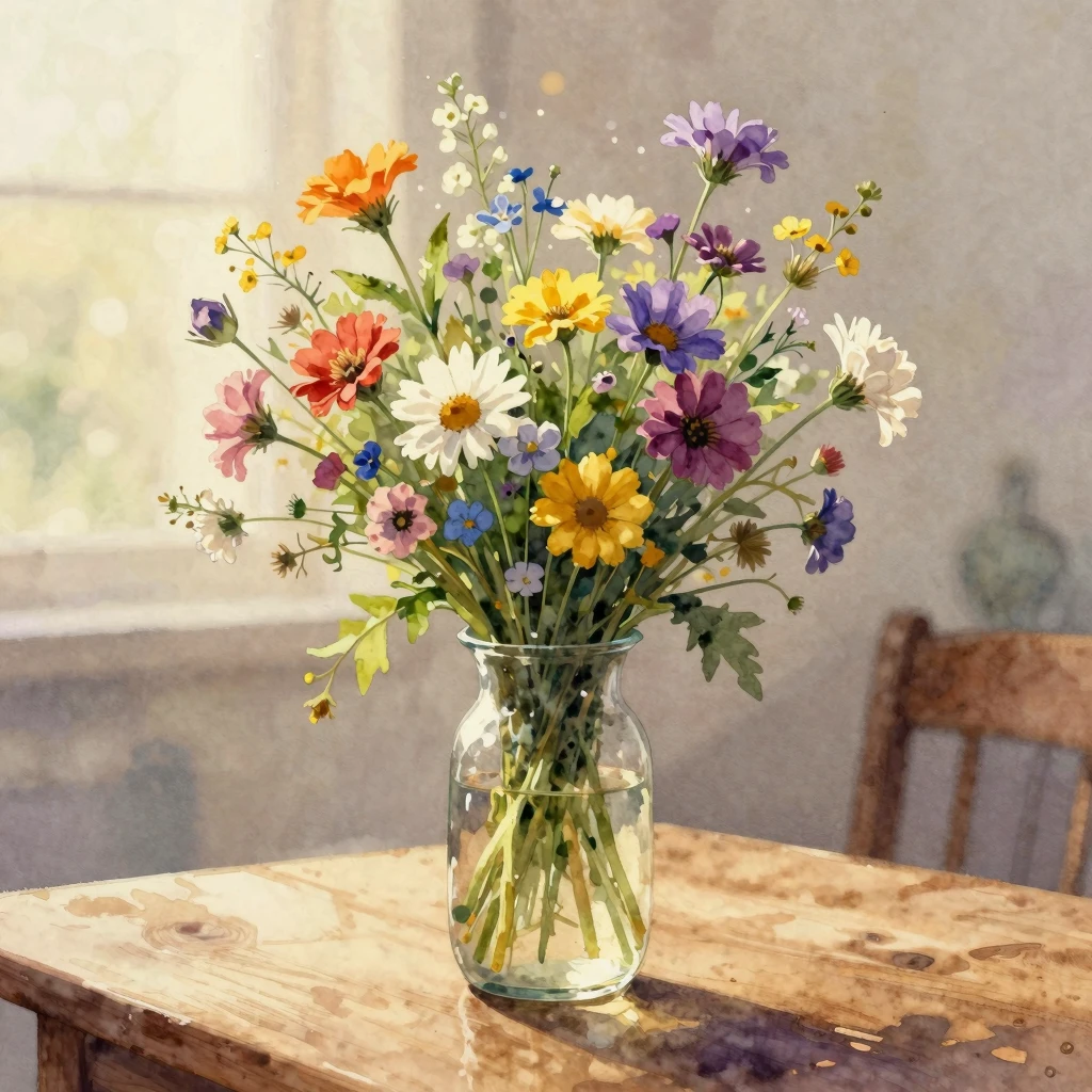 Watercolor style painting of a beautiful bouquet of wildflow...
