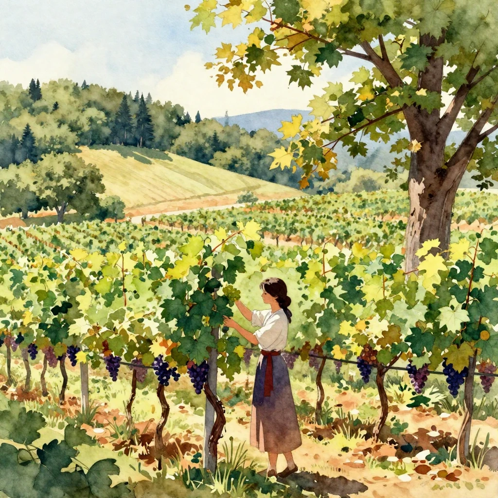 A vibrant watercolor painting of a sun-drenched vineyard. A ...
