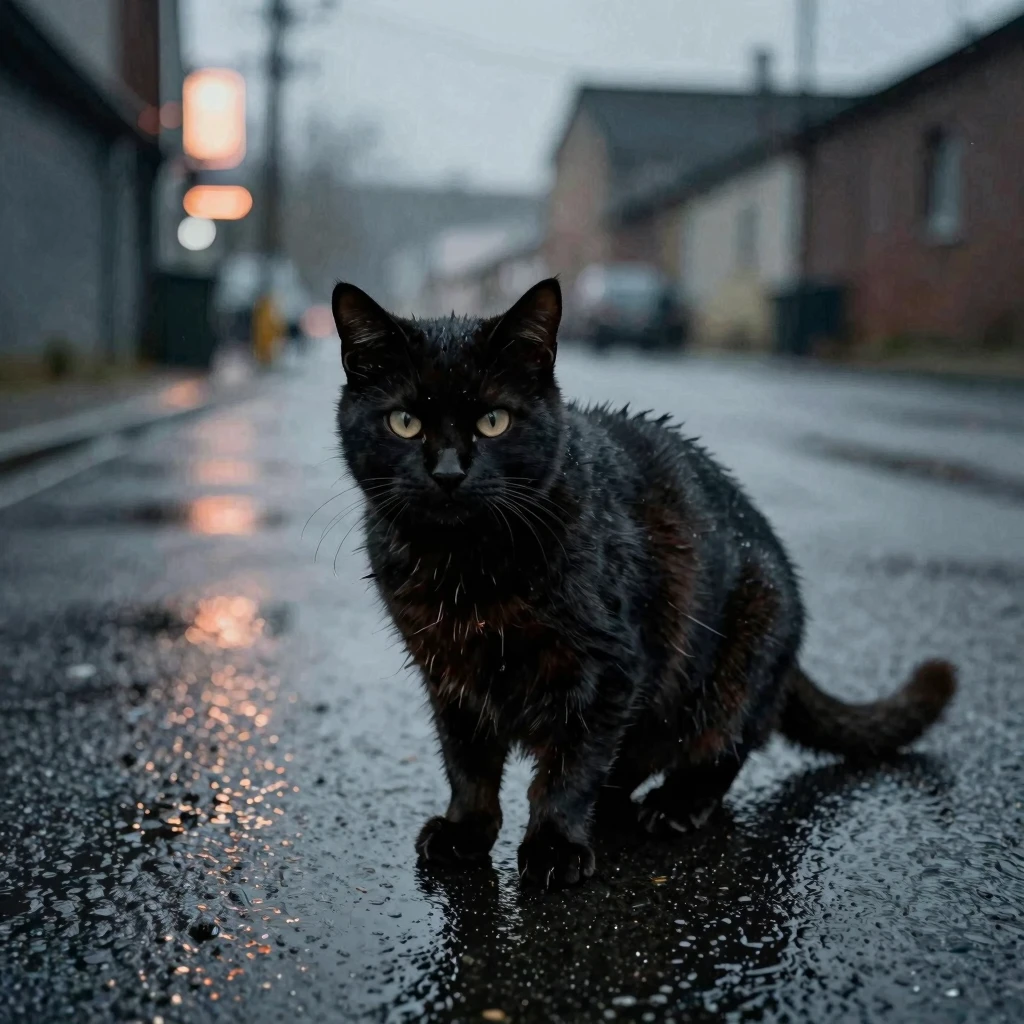 A stray black cat with ragged fur on a wet asphalt street, i...