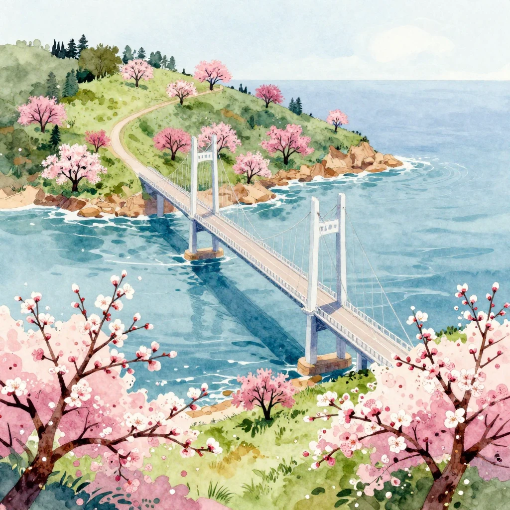 A vibrant watercolor painting showcasing a majestic bridge c...