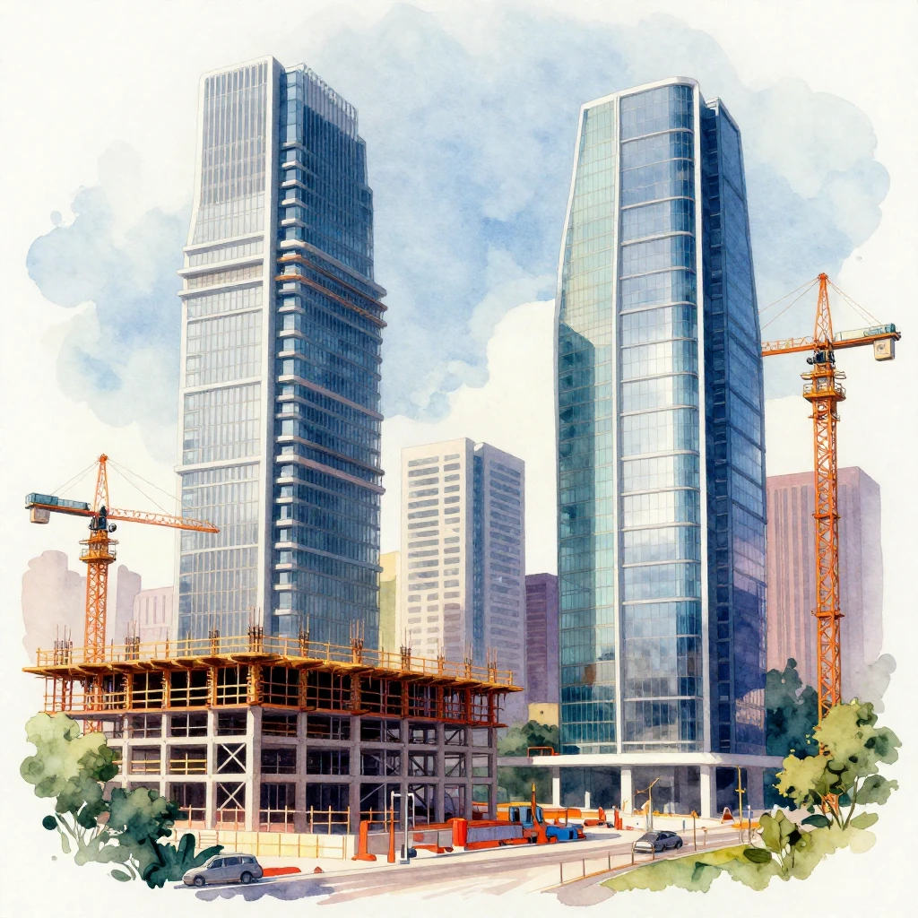 A vibrant watercolor artwork portraying the construction of ...