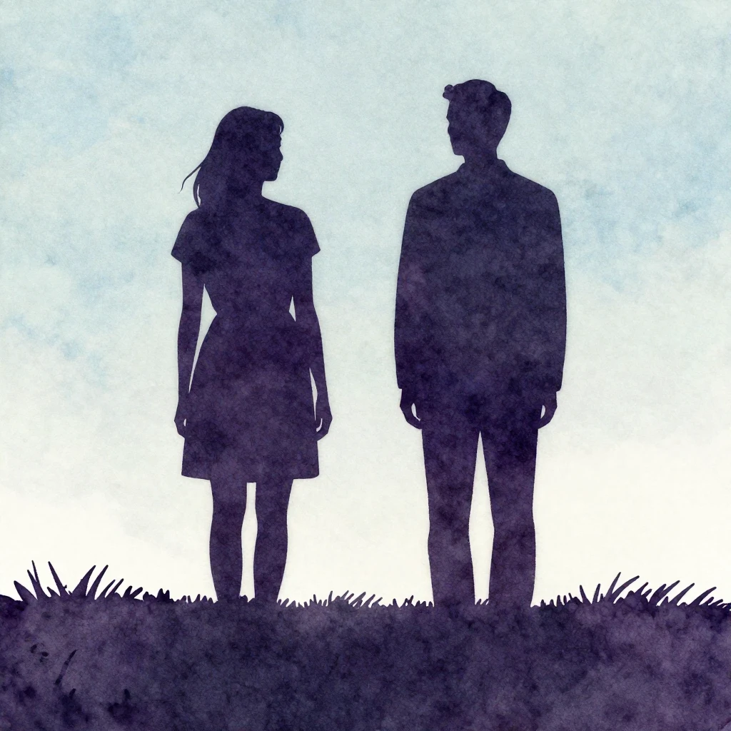 Silhouettes of two figures standing in an empty, minimalist ...