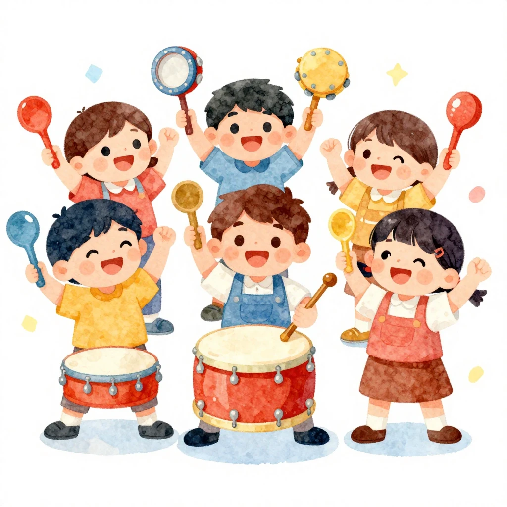 Vibrant watercolor cartoon illustration of cute children pla...