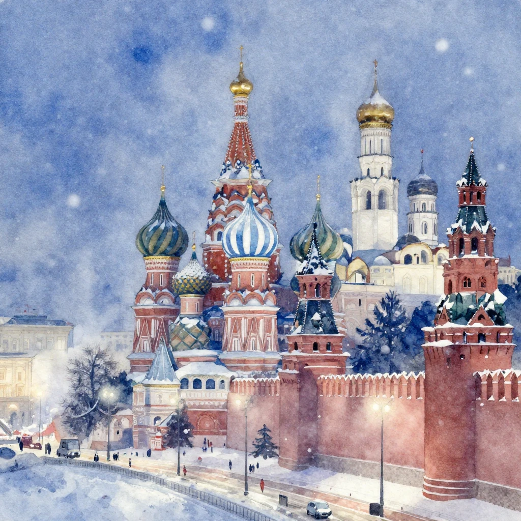Watercolor painting of a winter cityscape in Moscow at night...