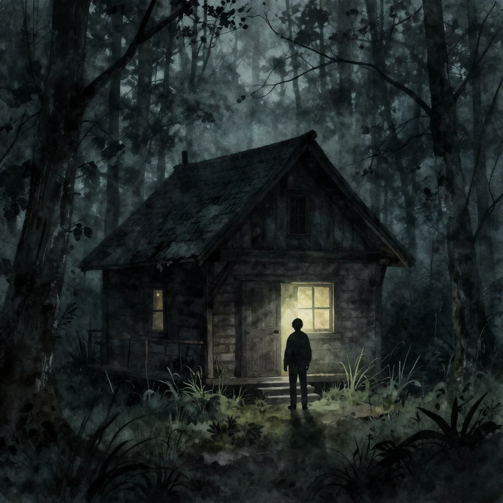A dark, mysterious cabin nestled deep within a dense, foggy ...
