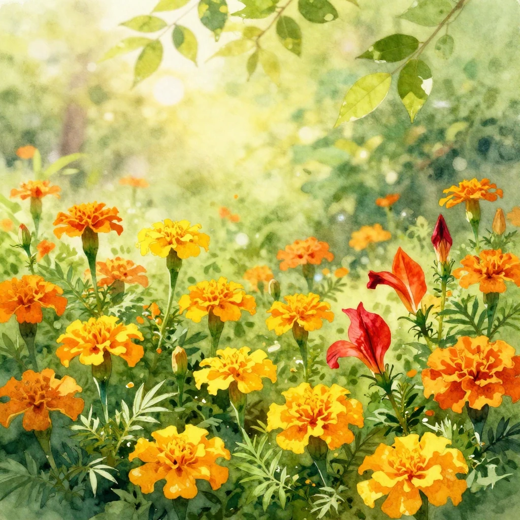 A vibrant watercolor painting of a lush spring garden in ful...