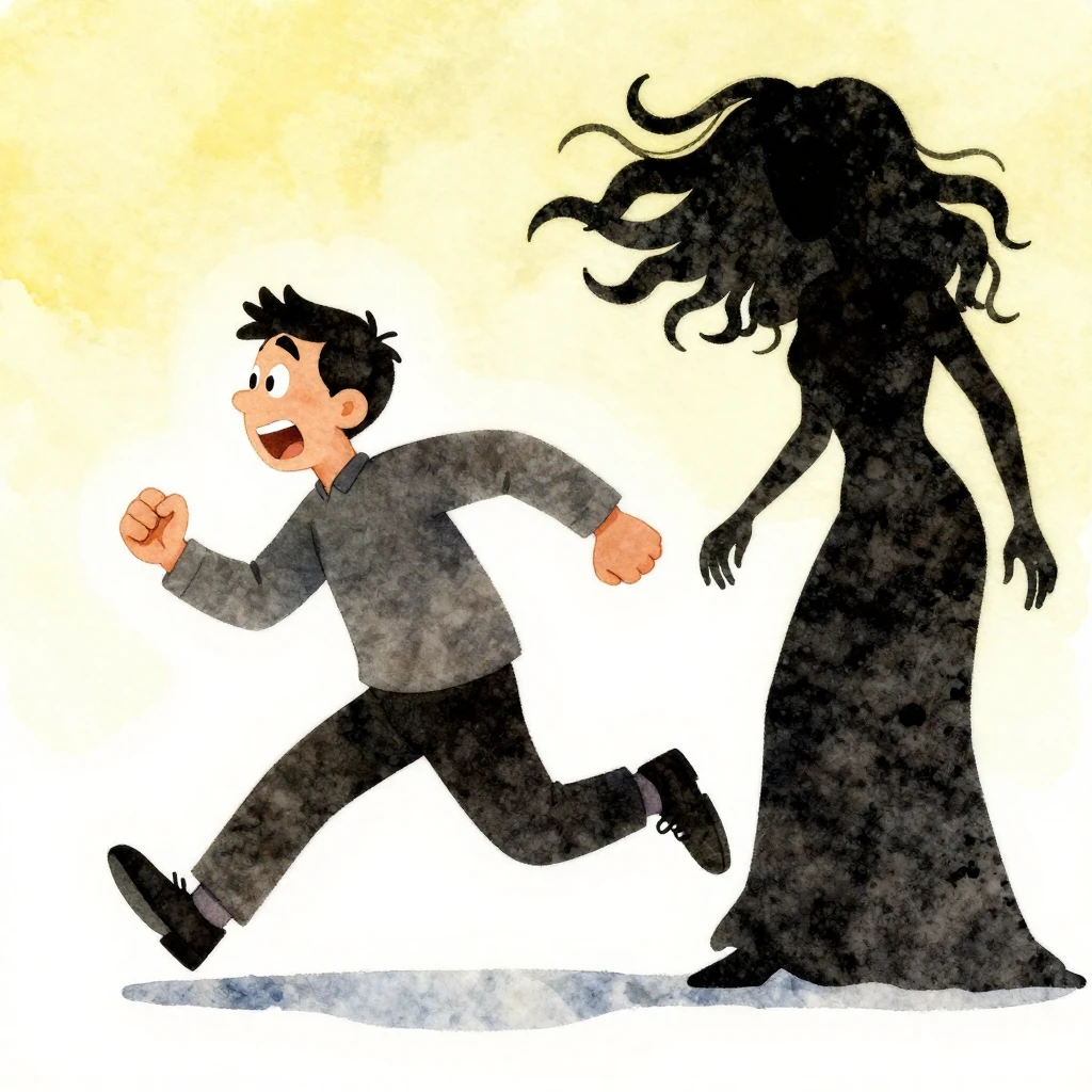 A watercolor cartoon silhouette of a man comically running a...