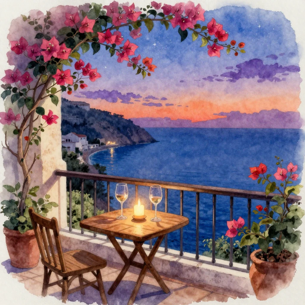 A watercolor painting of a cozy, dimly lit balcony overlooki...