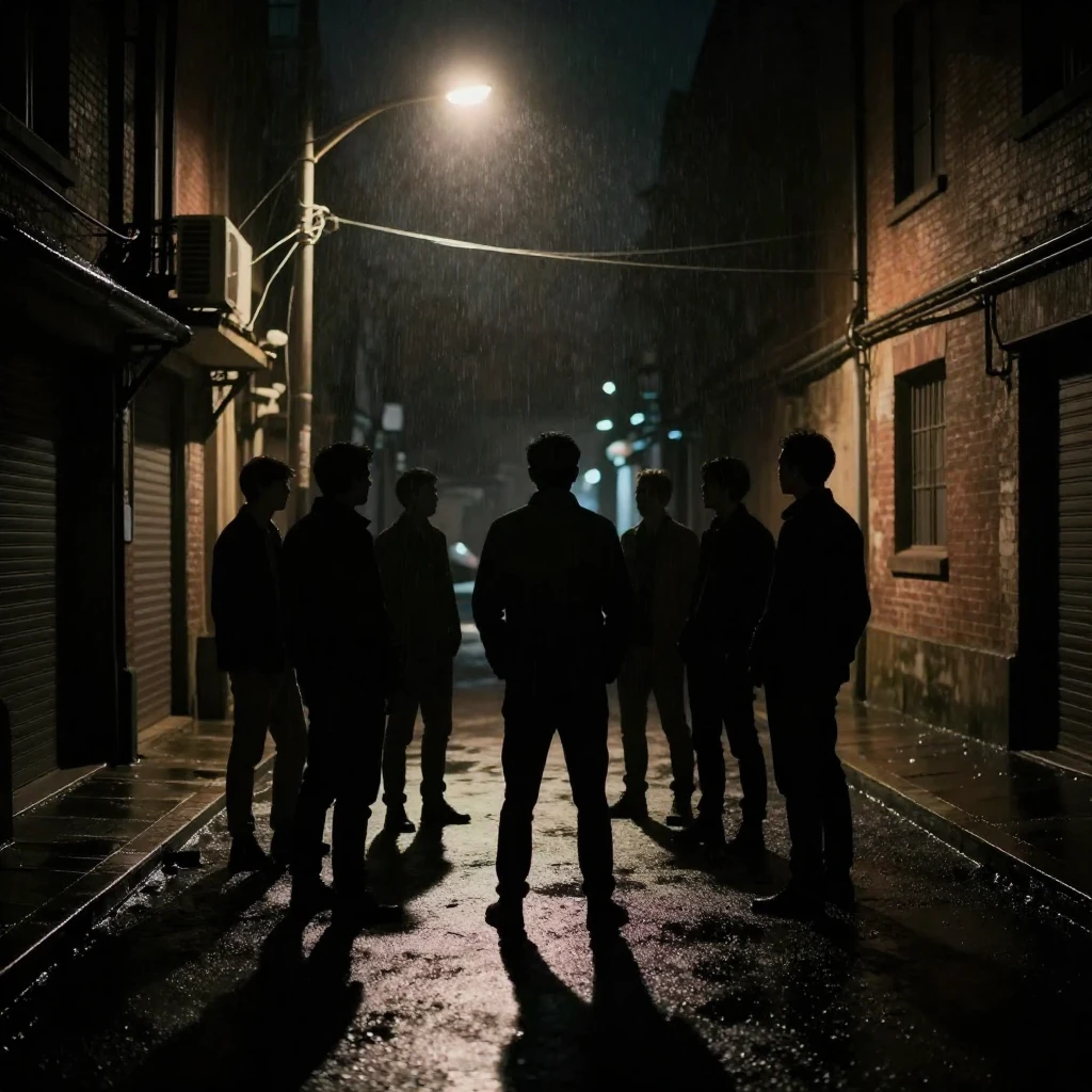 Silhouettes of six men standing in a circle under a streetla...