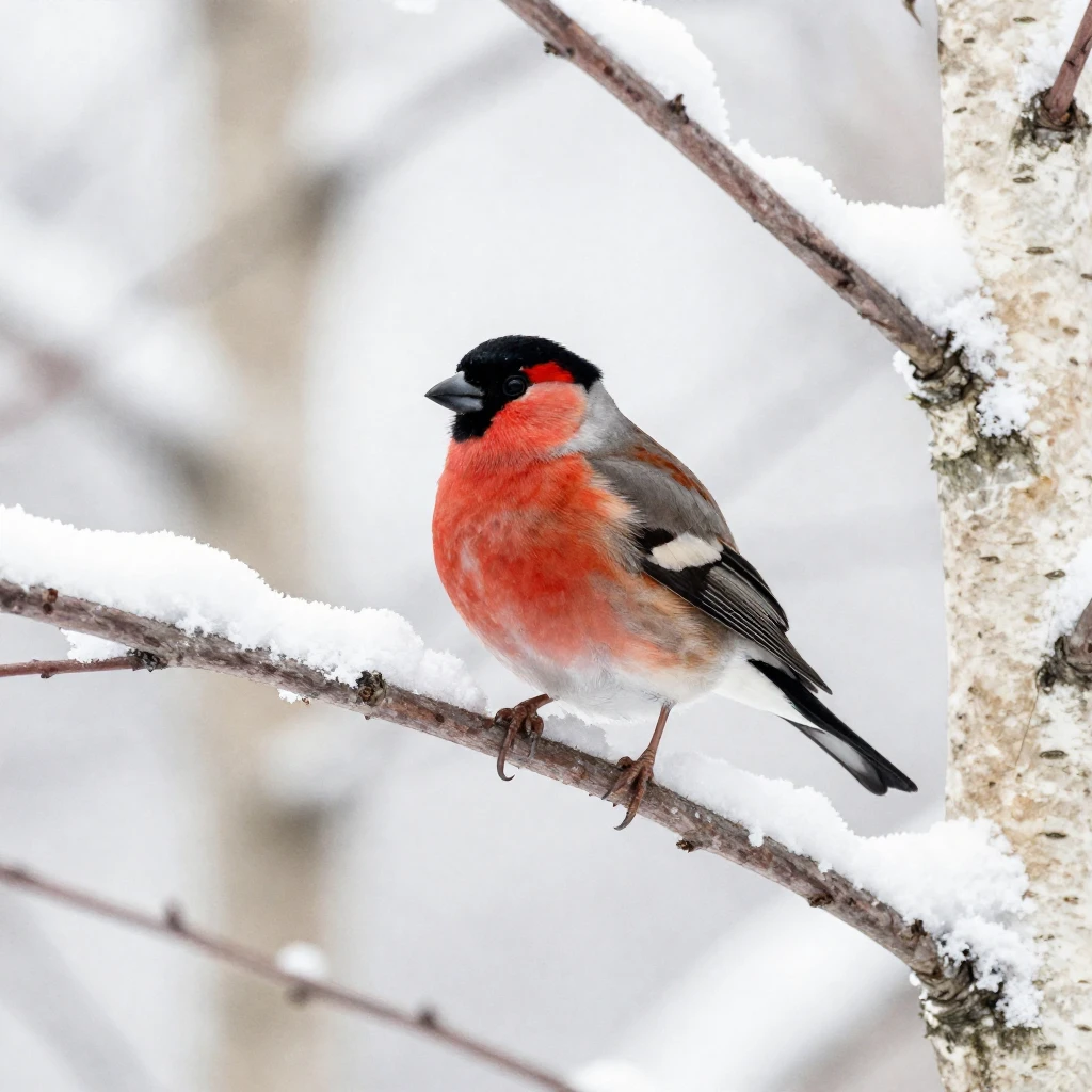 A single bullfinch (Pyrrhula pyrrhula) with its distinctive ...