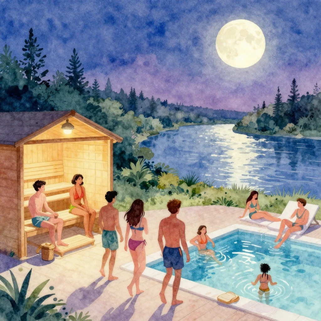 Vibrant watercolor painting of friends heading to a sauna an...