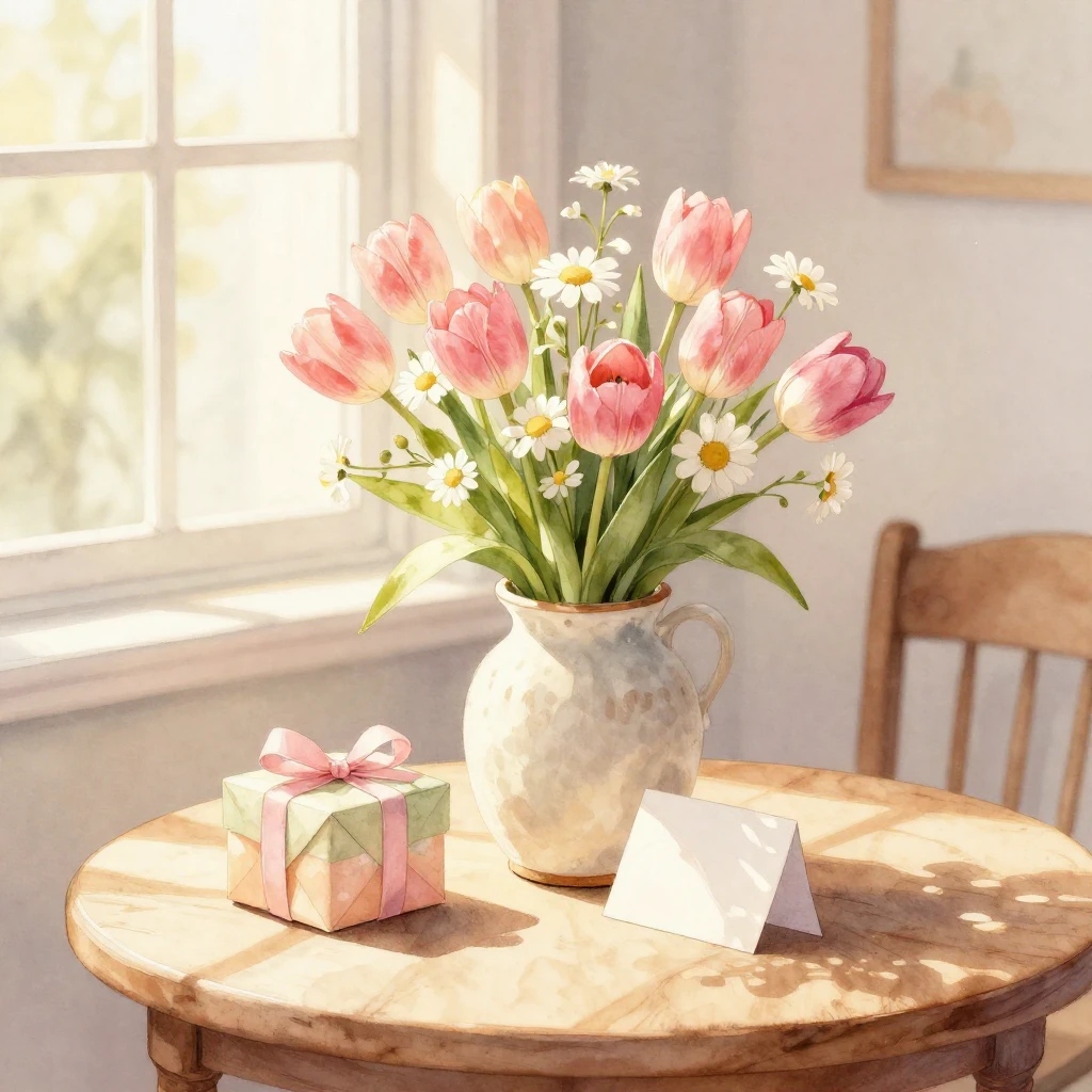 A beautiful, soft watercolor illustration depicting a warm a...