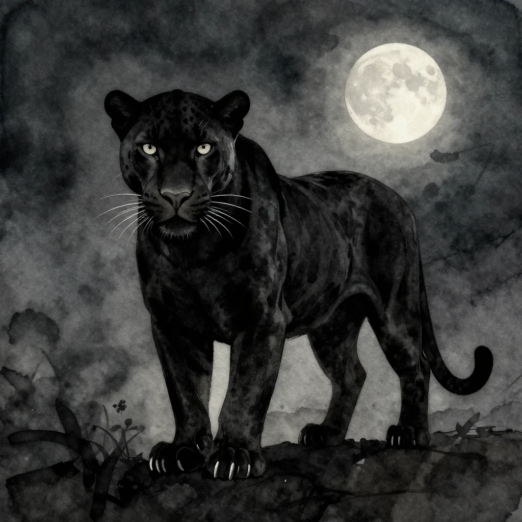 A sleek black panther, its form rendered in vibrant watercol...