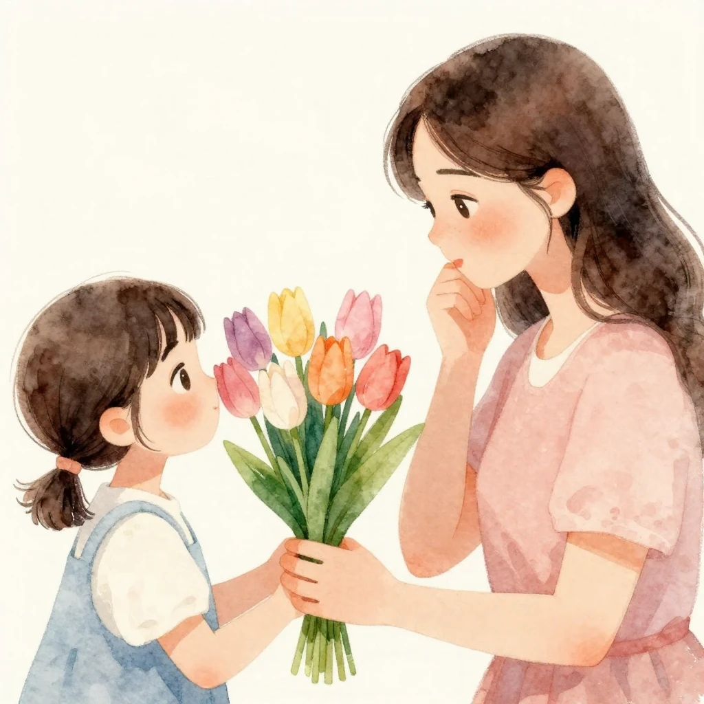 A watercolor illustration depicting a thoughtful gift, a bou...